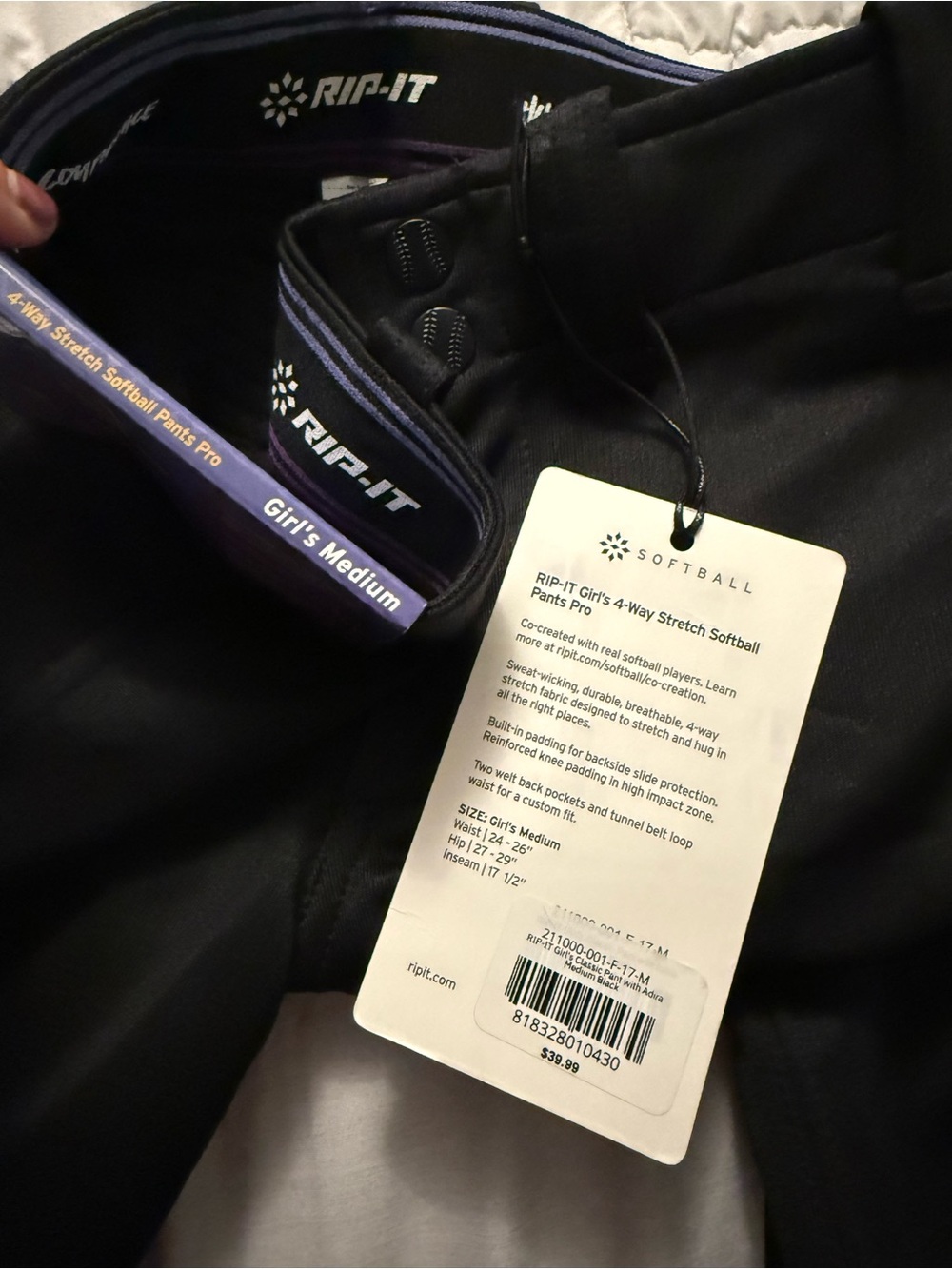 Rip-It Girls' Black Softball Pants Pro - Black/Purple Trim